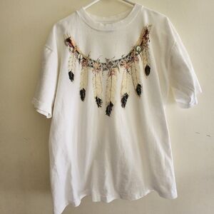 Vintage 90s Diamond Dust White Feather Graphic Cotton T-Shirt Size Large